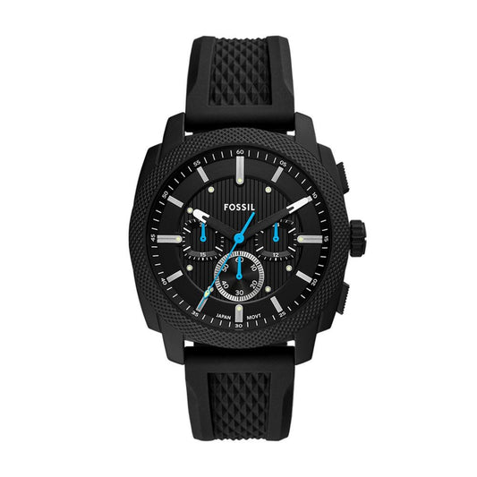 Black Fossil watch with detailed face on a white background