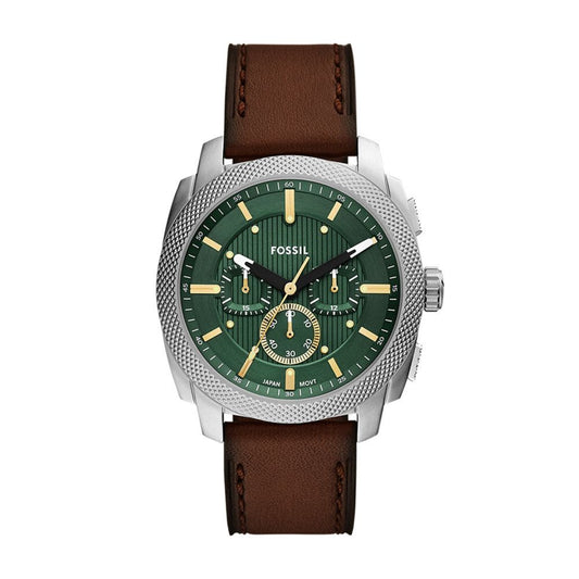 Fossil watch with green face and brown leather strap on white background