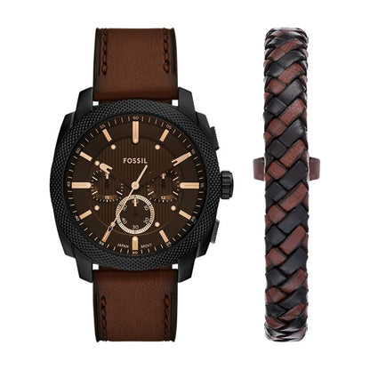 Fossil watch with brown leather strap and detailed face on a white background