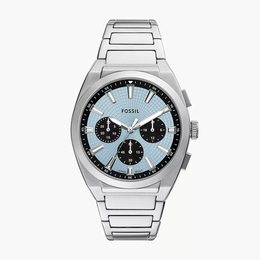 Fossil watch with silver metal band and blue textured dial on a white background