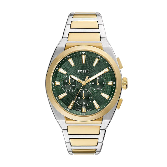 Two-tone gold and silver watch with green dial on a white background