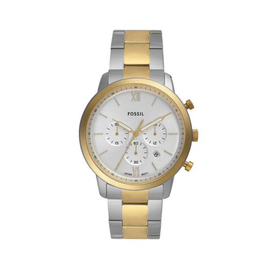 Two-tone silver and gold Fossil watch on a white background