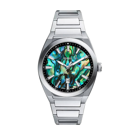 Silver Fossil watch with a colorful face on a white background