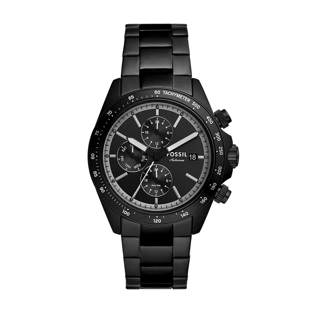 Black Fossil watch with detailed face on a white background