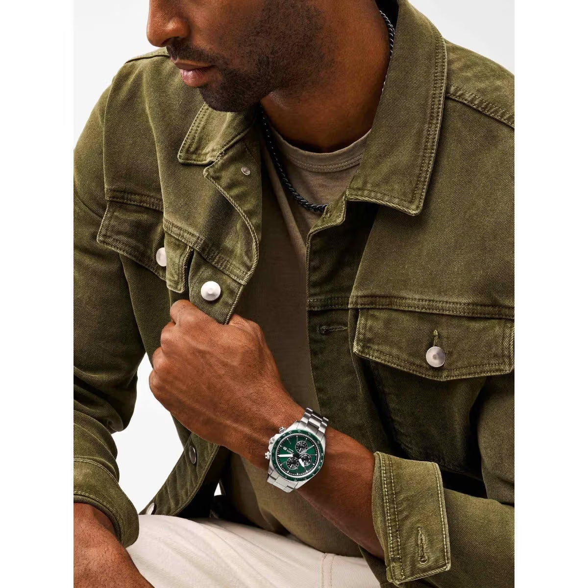 Fossil Autocross Quartz Green Dial Analog Stainless Steel Men's Watch FS6127