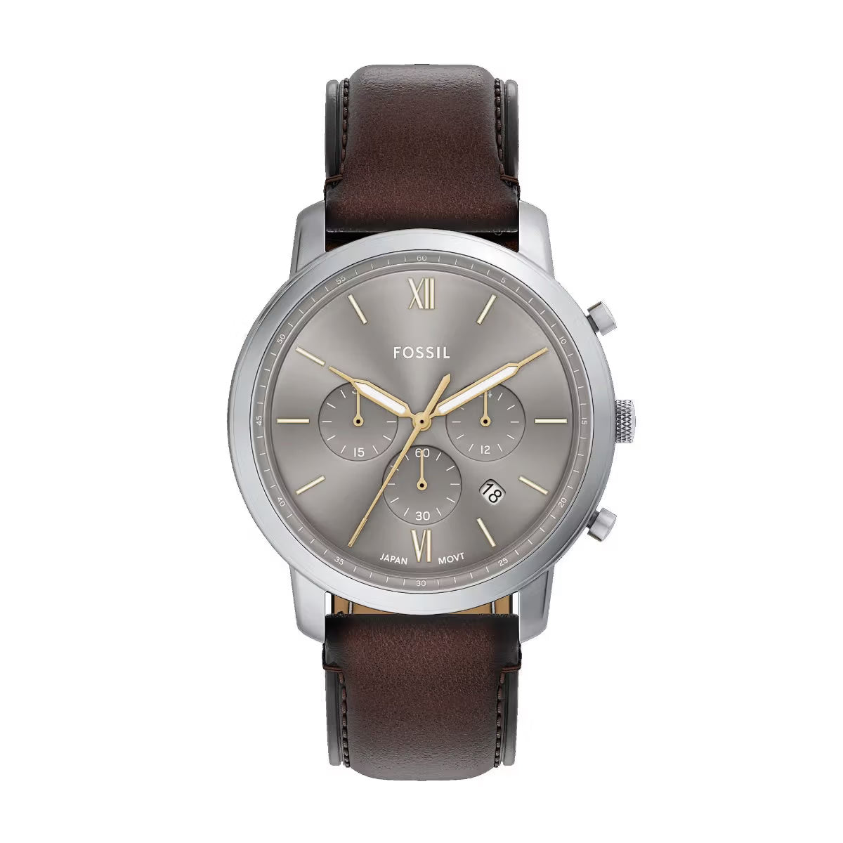 Fossil watch with brown leather strap and silver case on white background