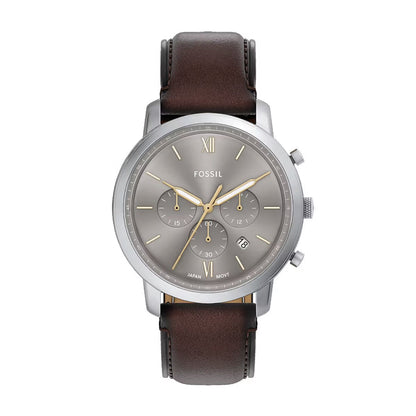 Fossil watch with brown leather strap and silver case on white background