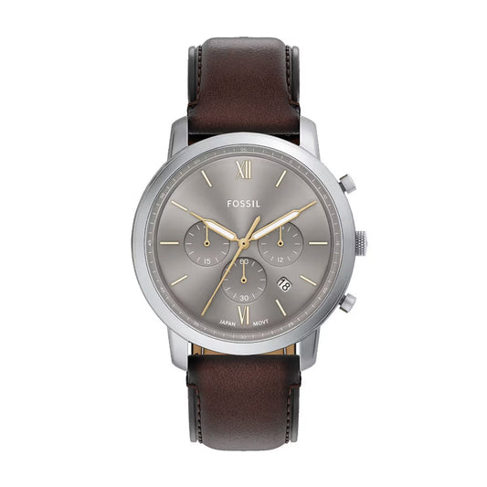 Fossil watch with brown leather strap and silver case on white background