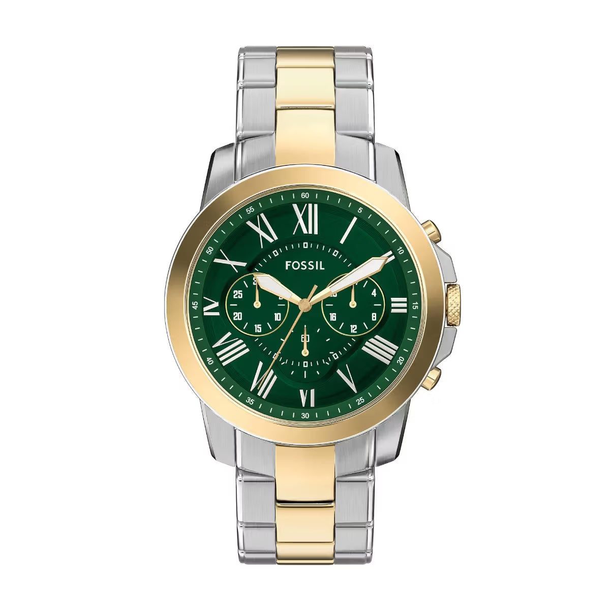 Two-tone watch with green face and gold accents on a white background