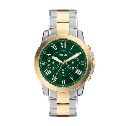 Two-tone watch with green face and gold accents on a white background