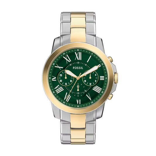 Two-tone watch with green face and gold accents on a white background