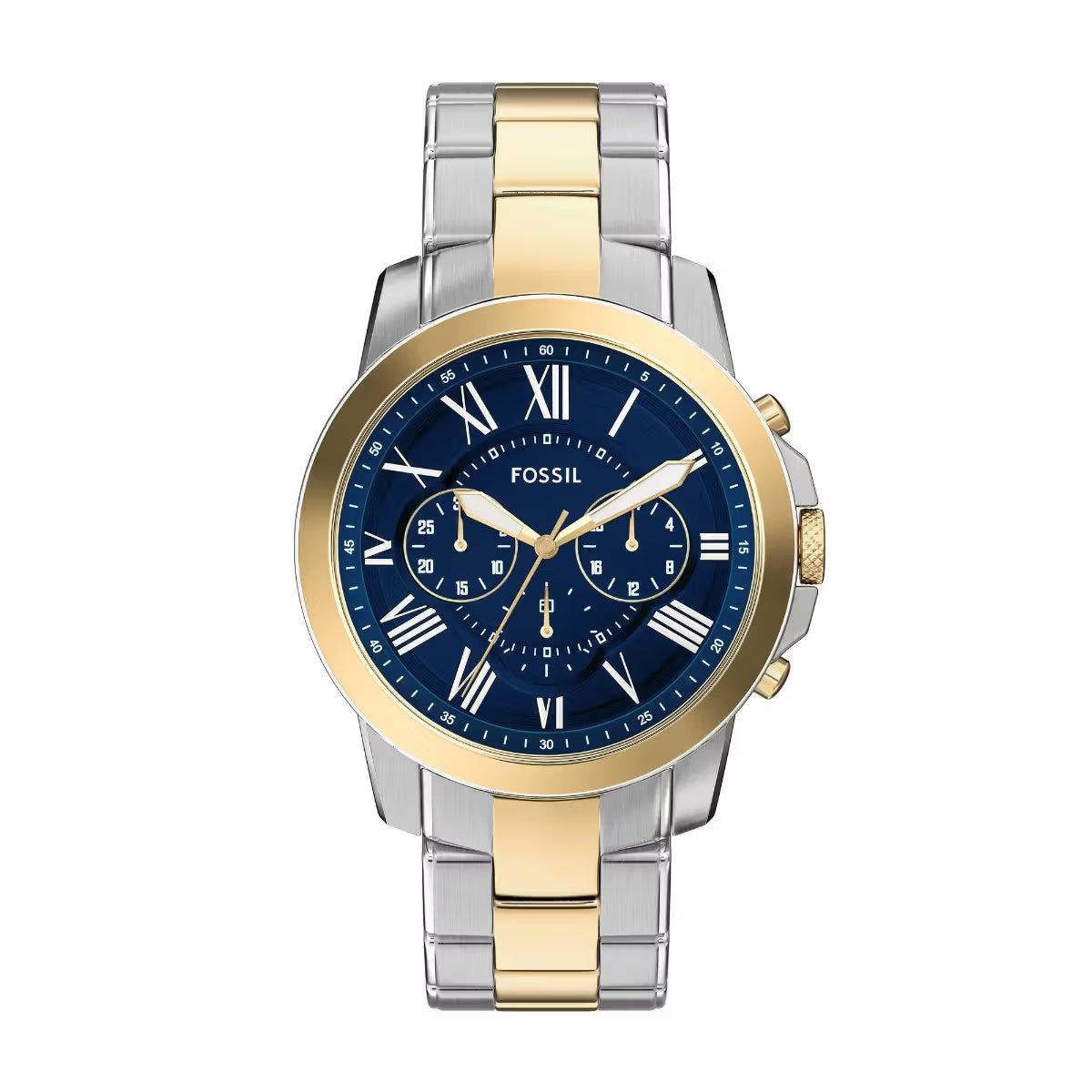 Two-tone gold and silver watch with blue dial on a white background