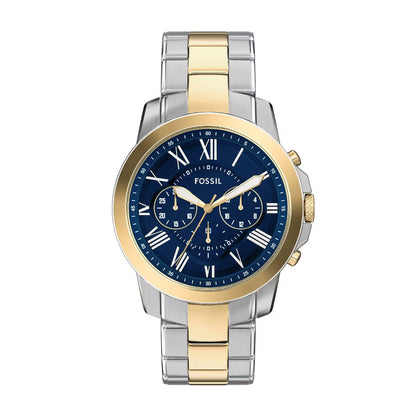 Two-tone gold and silver watch with blue dial on a white background