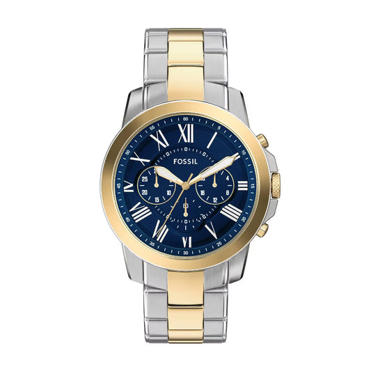 Two-tone gold and silver watch with blue dial on a white background