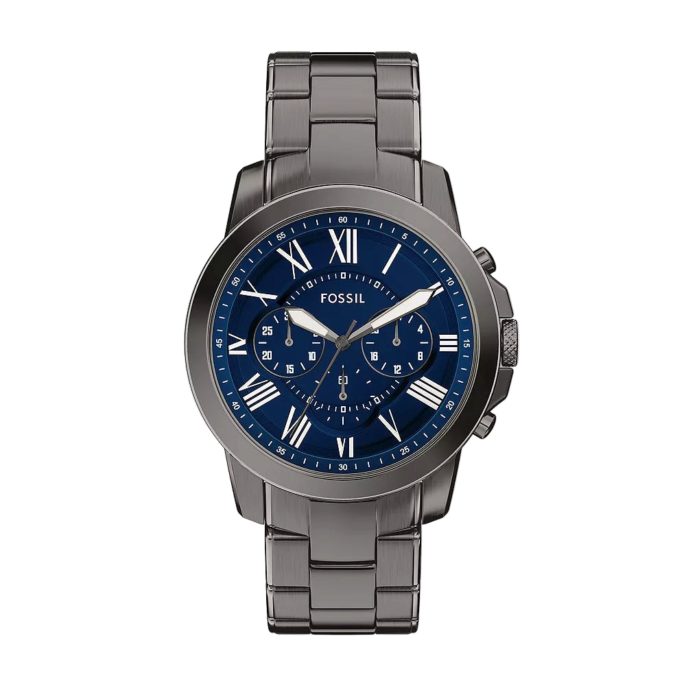 Fossil watch with blue dial and gray metal strap on white background