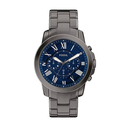 Fossil watch with blue dial and gray metal strap on white background