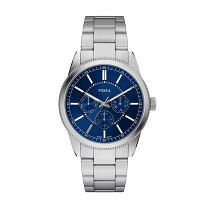 Silver watch with a blue dial on a white background