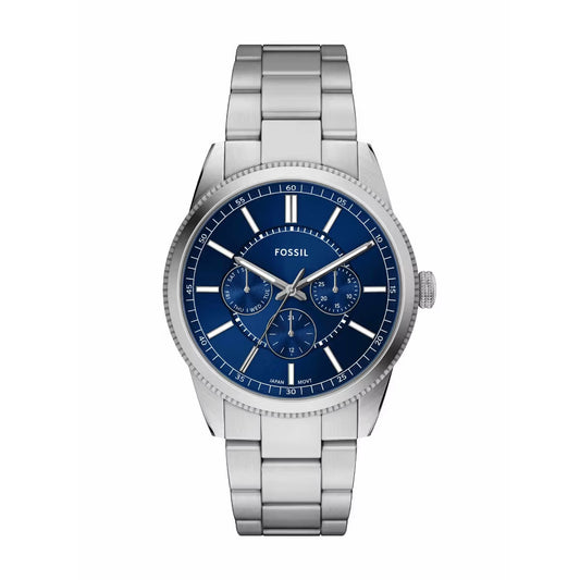 Silver watch with a blue dial on a white background