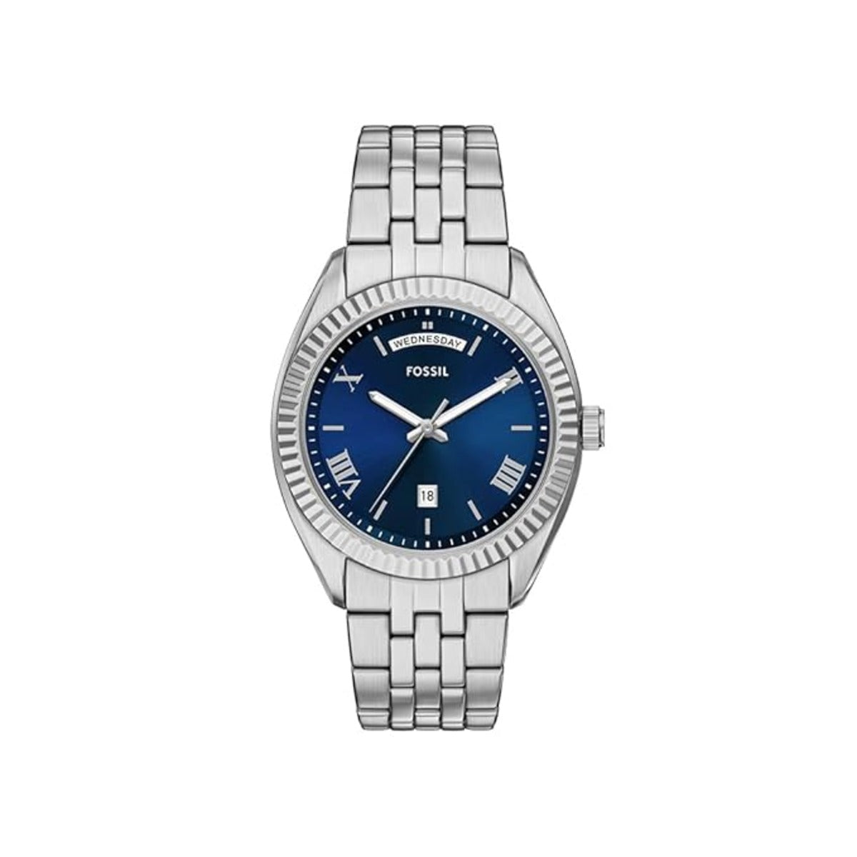Silver Fossil watch with blue dial on a white background