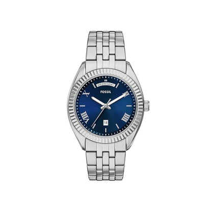 Silver Fossil watch with blue dial on a white background