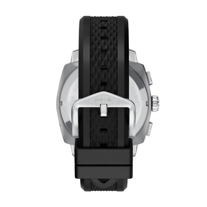 Back view of a watch with a black strap and silver case on a white background