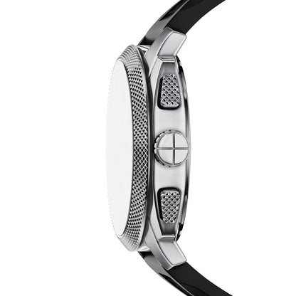 Close-up of a silver watch with black strap on a white background