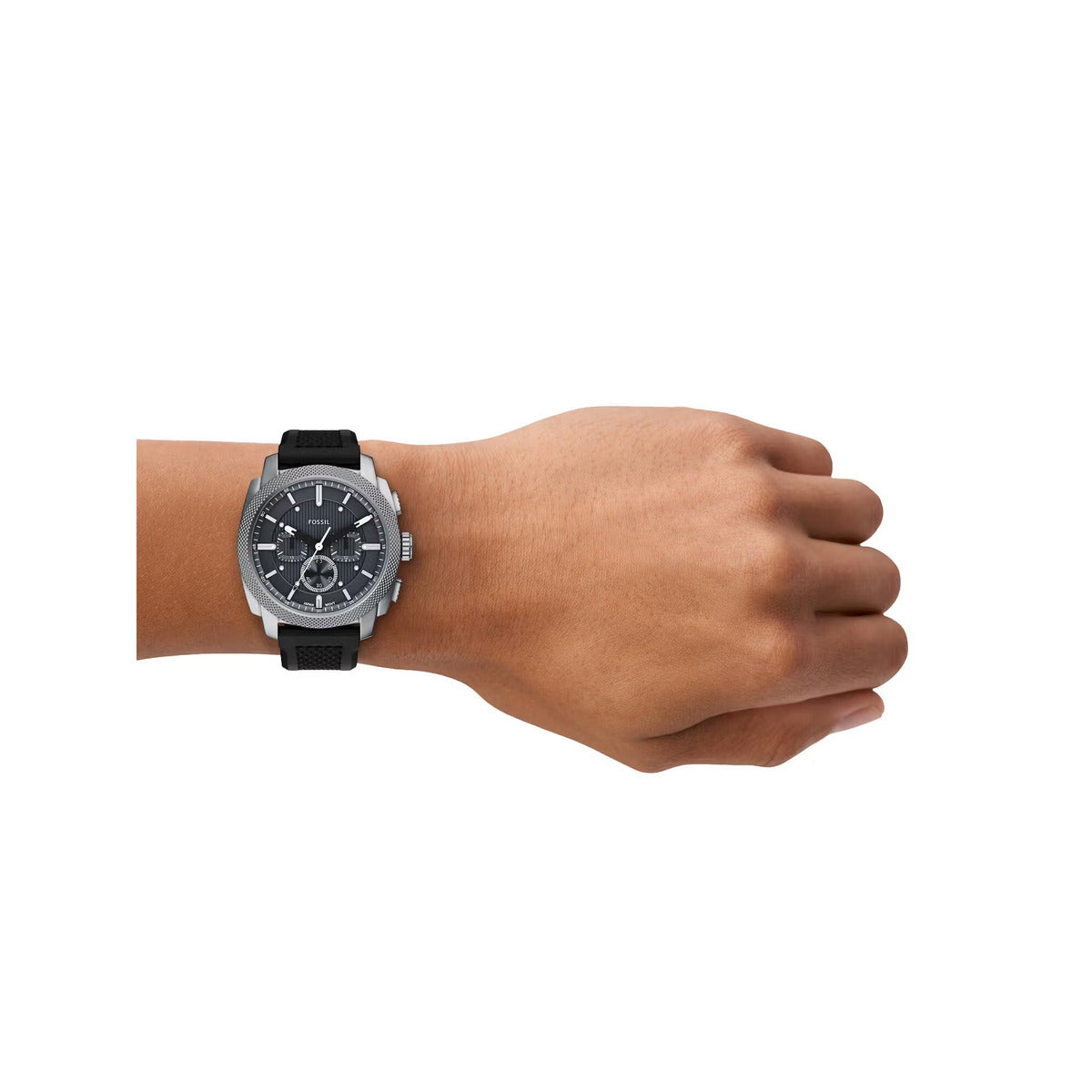 Hand wearing a black wristwatch on a white background