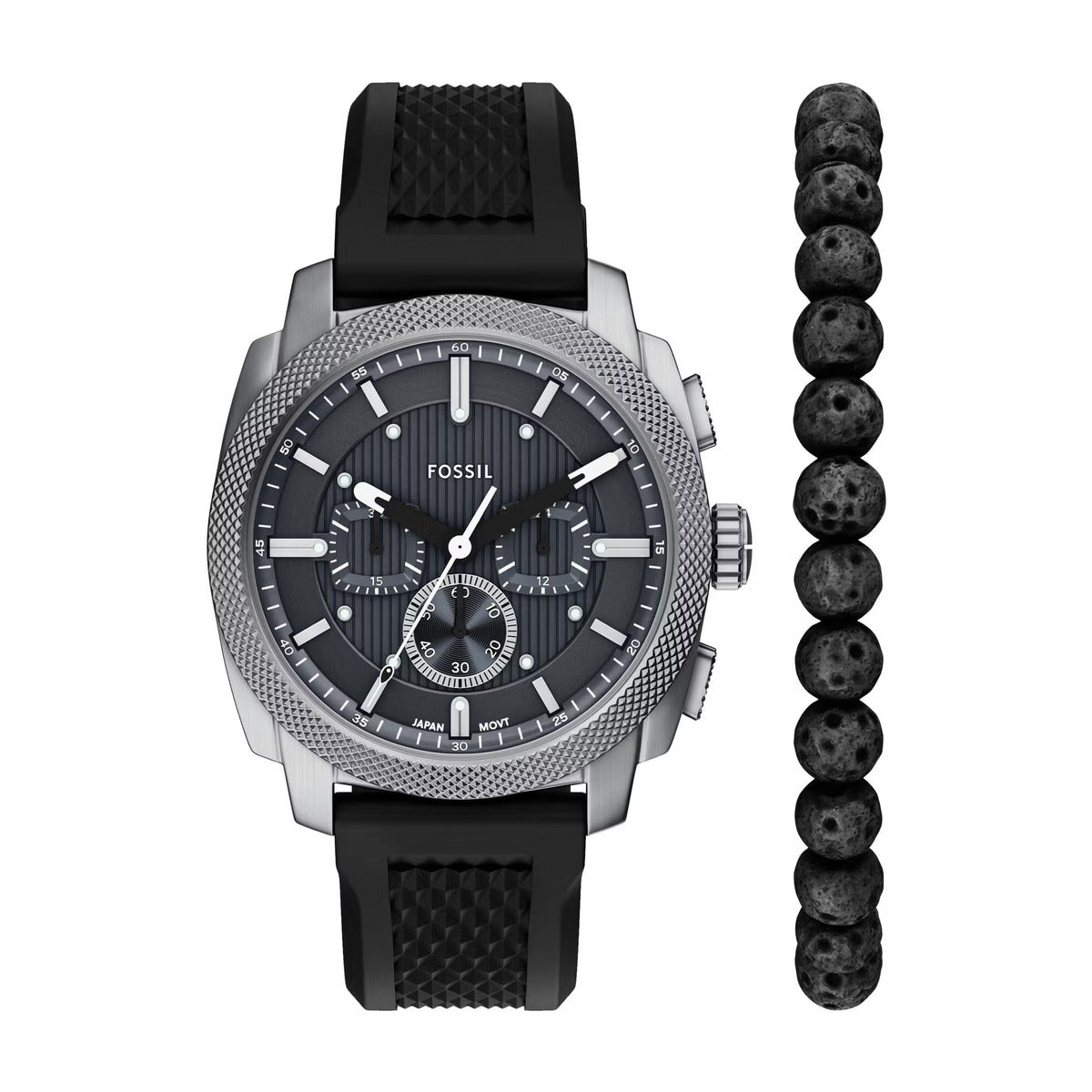 Fossil watch with black strap and bracelet on a white background