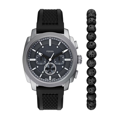 Fossil watch with black strap and bracelet on a white background