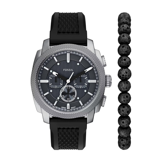 Fossil watch with black strap and bracelet on a white background