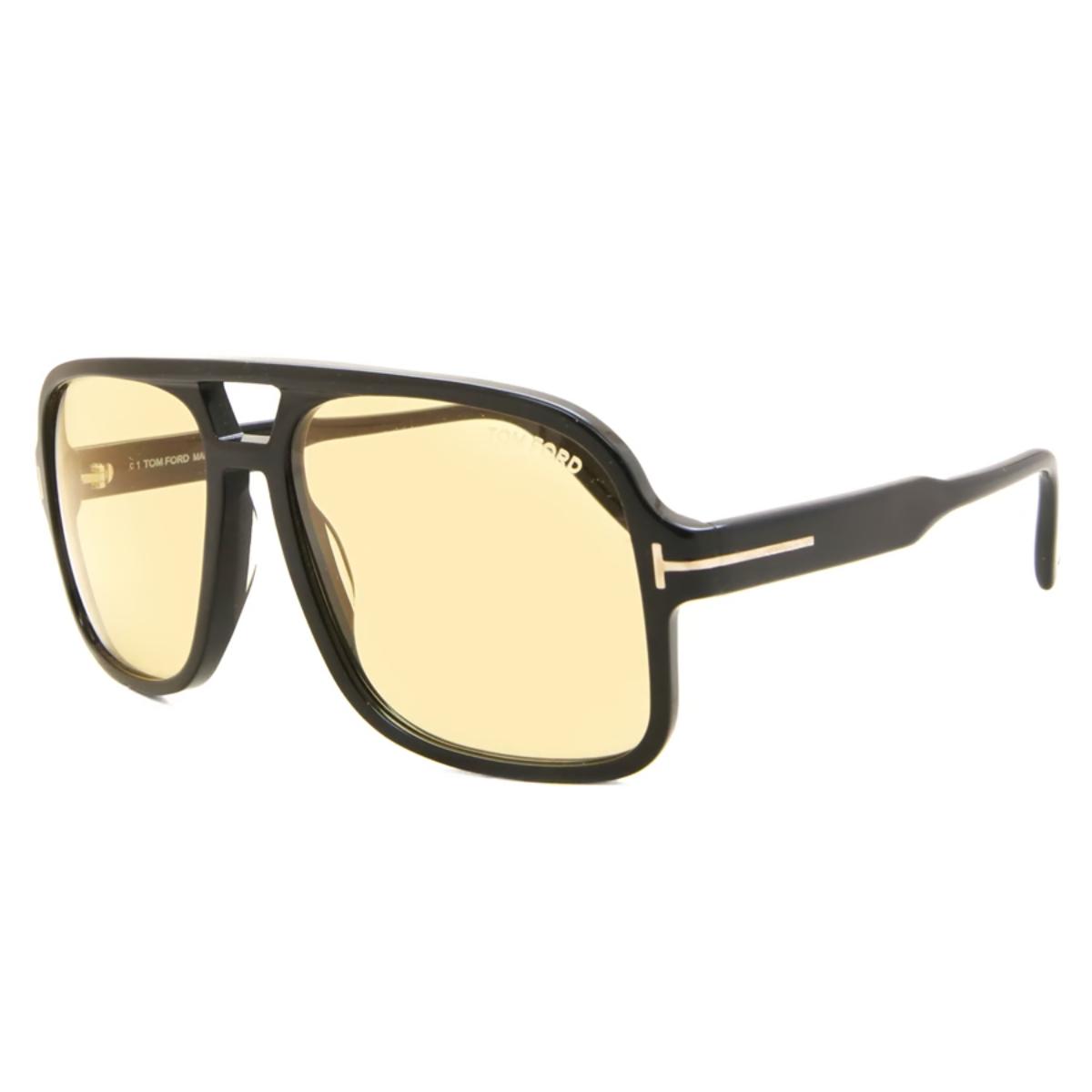 Sunglasses with black frame and yellow lenses on a white background