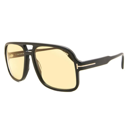 Sunglasses with black frame and yellow lenses on a white background