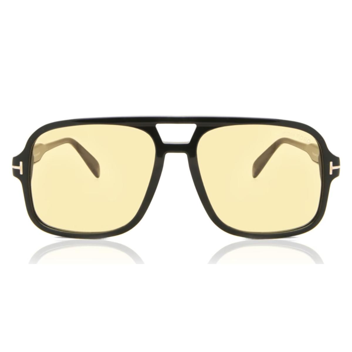 Sunglasses with gold lenses and black frame on a white background