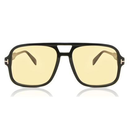 Sunglasses with gold lenses and black frame on a white background