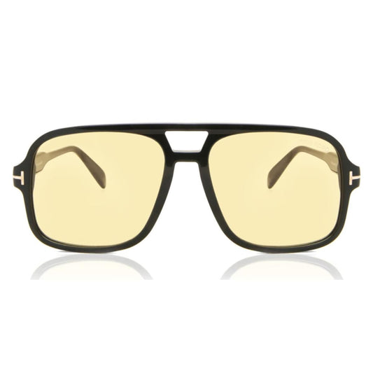 Sunglasses with gold lenses and black frame on a white background