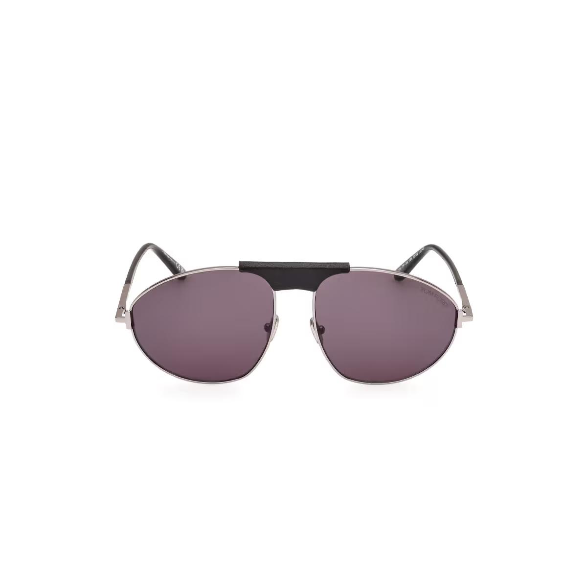 Sunglasses with purple lenses and black frame on a white background