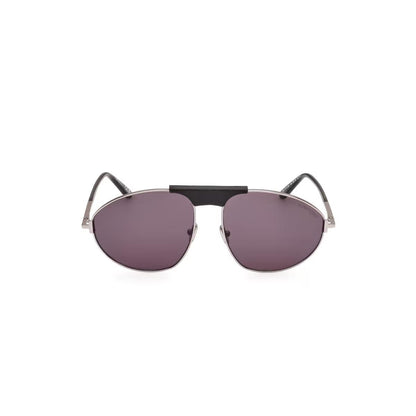 Sunglasses with purple lenses and black frame on a white background