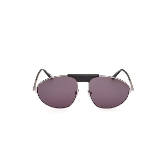 Sunglasses with purple lenses and black frame on a white background