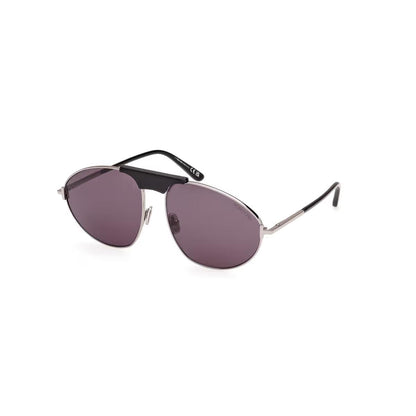 Sunglasses with black frame and purple lenses on a white background