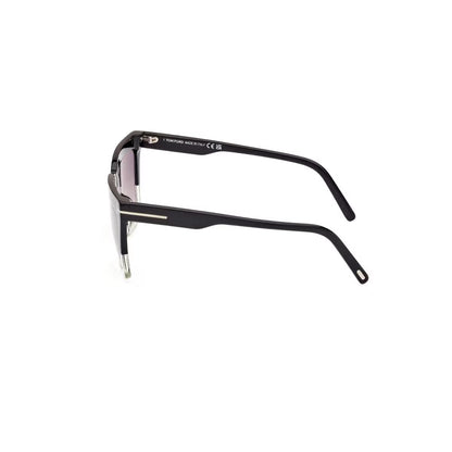 Black sunglasses with a reflective lens on a white background
