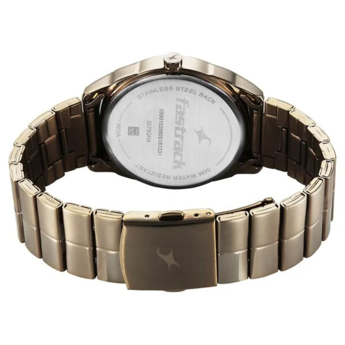 Gold watch with brand name on a white background