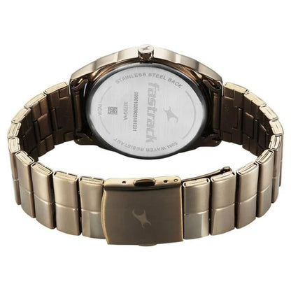 Gold watch with brand name on a white background