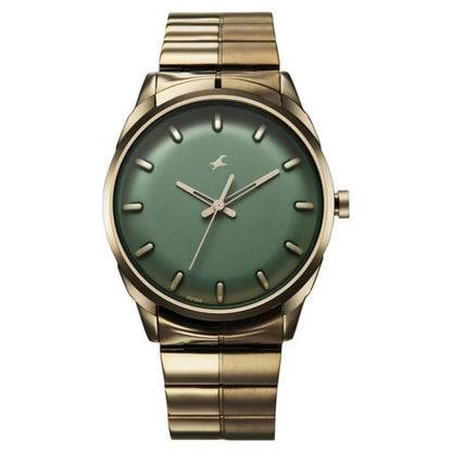 Gold watch with a green face on a white background
