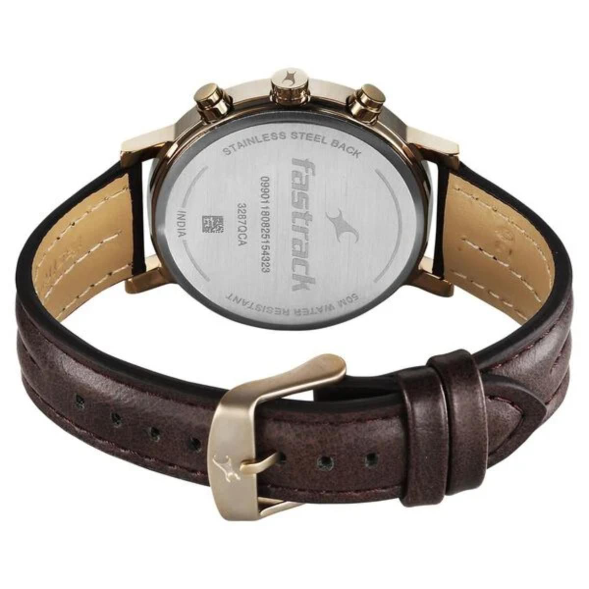 Fastrack watch with brown leather strap on a white background
