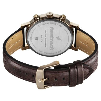 Fastrack watch with brown leather strap on a white background