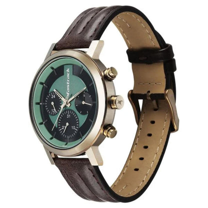 Wristwatch with brown leather strap and green dial on a white background