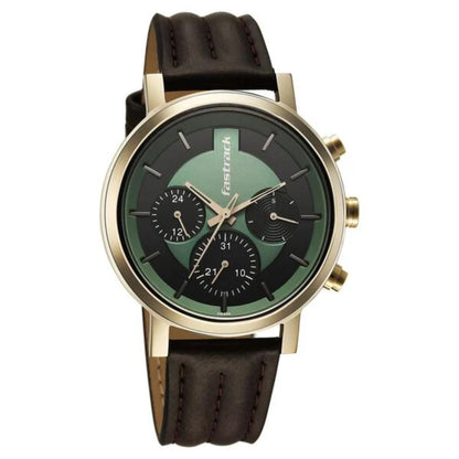 Wristwatch with brown leather strap and green dial on a white background