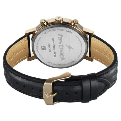 Fastrack watch with black leather strap and gold accents on a white background