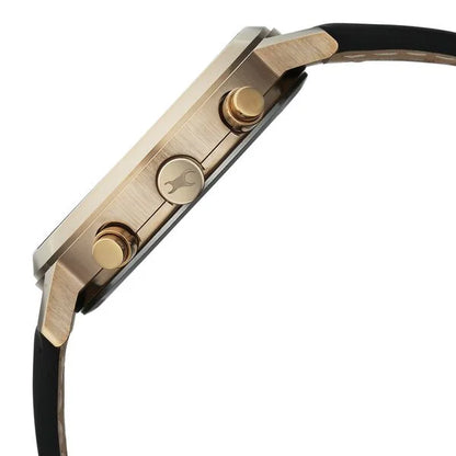 Close-up of a gold watch with black strap on a white background