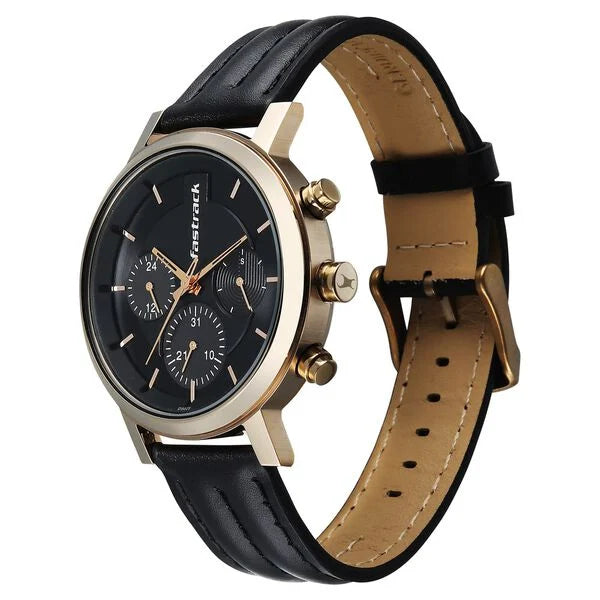Multifunctional watch with black and brown leather straps on a white background